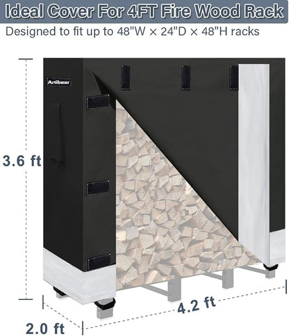 4ft Firewood Rack Cover for Wood Holder, Waterproof Wood Pile Cover for Outside, Indoor Outdoor Log Rack Cover for Firewood with Buckle, Black (Frame not Include)