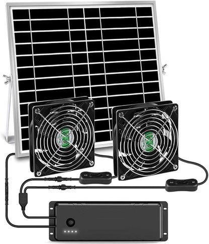 Solar Powered Fan with Battery, Rechargeable Solar Fan for Chicken Coop, Greenhouse, Shed, Outside with Two IPX7 Waterproof Exhaust Intake Fans 16.5Ft On/Off Switch Cable