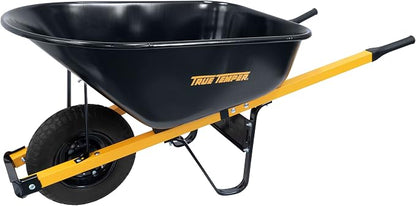 True Temper Steel Wheelbarrow with Never Flat Tire & Steel Handles, 6 Cu. Ft