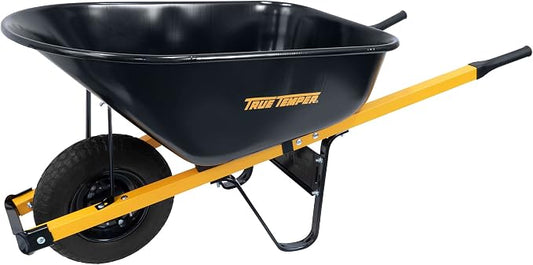True Temper Steel Wheelbarrow with Never Flat Tire & Steel Handles, 6 Cu. Ft