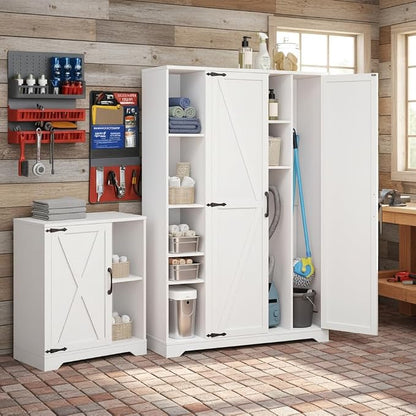 YITAHOME Wooden Garage Broom Cabinets with Adjustable Shelves, Multifunctional Organizer for Ironing Boards and Vacuum Cleaners, Tool Storage Cabinet for Gym, Basement, Warehouse, Oak White | Adjustable Shelves, Fits Ironing Board & Vacuum, Multifuncti...