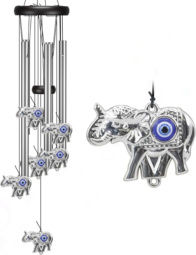Virekm Memorial Wind Chimes, Angel Wind Chimes for Outside Clearance, Elephant Gifts for Women, Outdoor/Indoor Hanging Decorations for Patio, Porch, Garden Decor, and Backyard (Evil Eye Elephant)