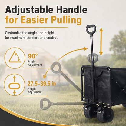 Wagons Carts Foldable Heavy Duty, 600 lb Tank Wheel Wagon with Brakes | Tank wheel utility wagon for groceries, beach, camping, garden and moving; 220L storage, all-terrain wheels and dual brakes