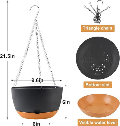 KPUVX 10 Inch Hanging Baskets for Plants Outdoor Self Watering Pots for Indoor Plants, 3 Pack Plastic Hanging Basket with Removable Tray for Home Garden Porch Balcony Patio Decor(Black)