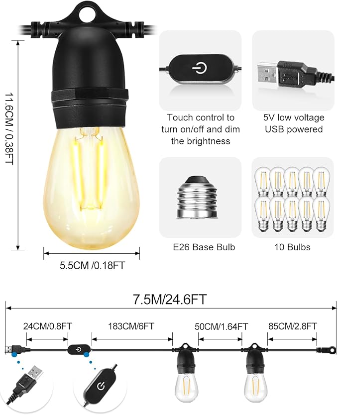 BRIMAX 24.6Ft USB Powered String Lights,10 LED Bulb Waterproof&Shatterproof | Outdoor Camping String Light Dimmable Brightness with Swith for Tents,Patio,Backyard and Holidays,2700K Warm White