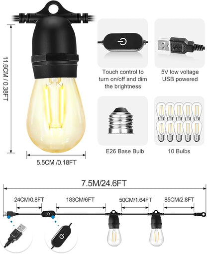 BRIMAX 24.6Ft USB Powered String Lights,10 LED Bulb Waterproof&Shatterproof | Outdoor Camping String Light Dimmable Brightness with Swith for Tents,Patio,Backyard and Holidays,2700K Warm White