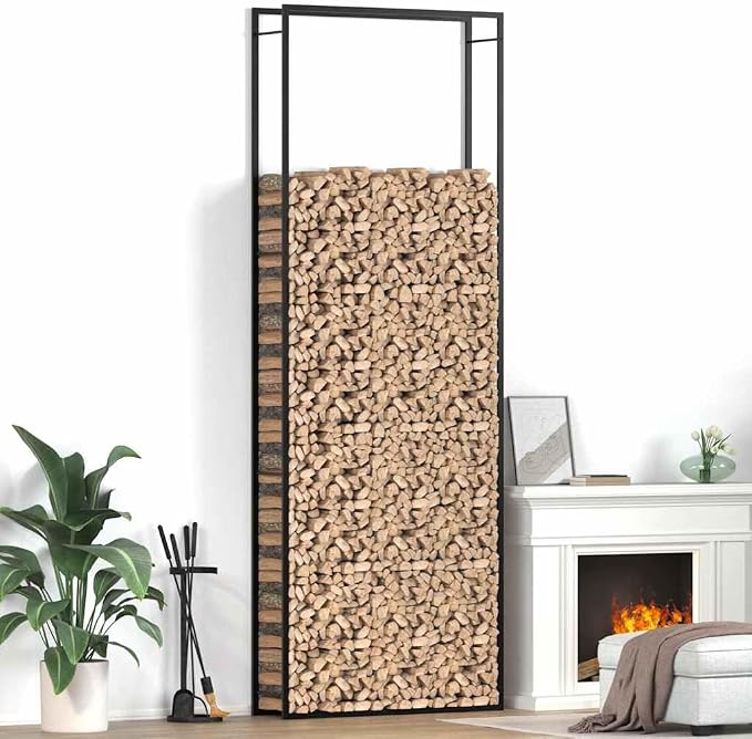 vidaXL Firewood Rack, Fire Log Stand Stacker Holder for Fireplace, Outdoor Indoor Metal Wood Pile Storage Organizer, Matt Black Steel
