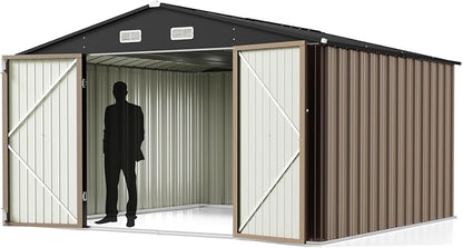Greesum 10 x 10 FT Metal Outdoor Storage Shed, Brown | Waterproof Weather Resistant Utility Tool House with Lockable Door for Patio, Garden & Lawn Storage