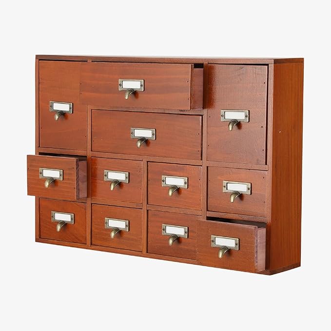 Apothecary Drawers Apothecary Cabinet with Drawers, Brown | 12 Drawer Library Card Catalog, Wooden Storage Box, Wooden Desktop Organizer with Metal Handles-Fulled Assembled
