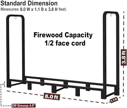 Firewood Rack Outdoor 8ft Heavy Duty Logs Holder for Indoor Fireplace Metal Wood Pile Storage Stacker Organizer, Matte Black