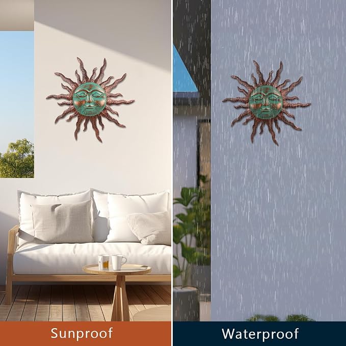 VEWOGARDEN Sun Outdoor Wall Decor, 30" Waterproof Large Metal Wall Art for Home Outside Patio Garden Fence Decorations, Brown & Green
