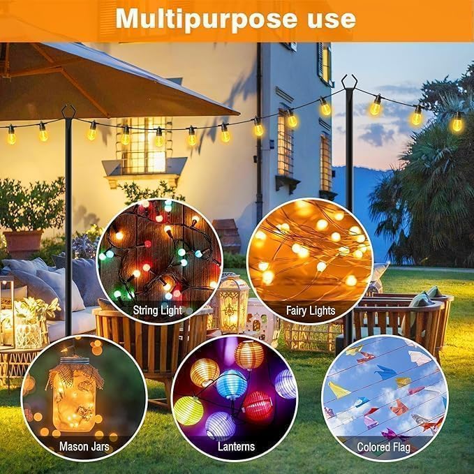 LETIANPAI 10Ft String Light Poles 2 Pack,Light Poles for Outside Lights,Outdoor with Fence Brackets Hanging Lights,Metal Stand Deck Patio Backyard