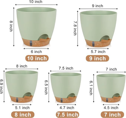 QRRICA Plant Pots 10/9/8/7.5/7 Inch Self Watering Pots, with Drainage Holes and Saucers,Water Level Indicator & Deep Reservoir,Large Plastic Planter for Indoor Out Door Plants (Green)