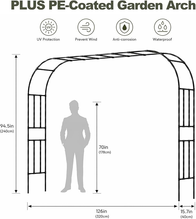 Garden Arch, 126''x94.5'' Arbor Trellis, Trellis for Climbing Plants Outdoor, Garden Arch Arbor for Flower, Climbing Vine Vegetable, Fruit and Lawn(Black)