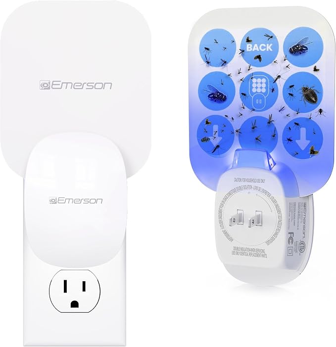 Emerson ITL7103 Plug-in Flying Bug Catcher with UV Light and LED Décor – Indoor Fly, Fruit Fly, Gnat & Moth Catcher, Silent, 24/7 Coverage, Mess-Free, use in Any Room, Includes 3 Glue Cards
