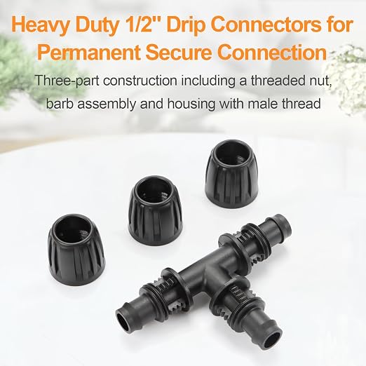 10 Pieces 1/2 Inch Drip Irrigation Tee Fittings, 1/2'' Drip Line Barbed Locked Tee Connectors for 1/2 Inch Irrigation Tubing (1/2" ID x 0.670" OD) Anti-leak 3-Way Irrigation System Parts