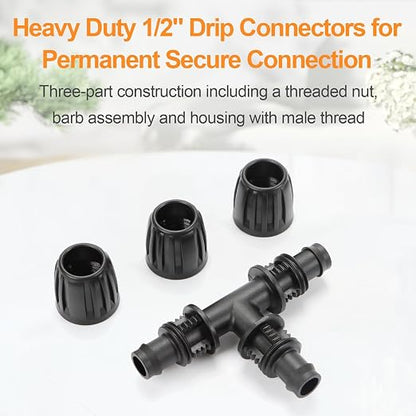 10 Pieces 1/2 Inch Drip Irrigation Tee Fittings, 1/2'' Drip Line Barbed Locked Tee Connectors for 1/2 Inch Irrigation Tubing (1/2" ID x 0.670" OD) Anti-leak 3-Way Irrigation System Parts