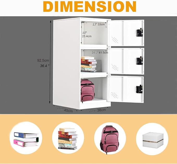 MECOLOR Vertical Single Tier Small Locker with Padlock latche 2 or 3 Compartment Storage for Employee,Home,Office,School,Kids (Full White, P3V)