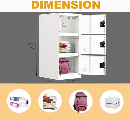 MECOLOR Vertical Single Tier Small Locker with Padlock latche 2 or 3 Compartment Storage for Employee,Home,Office,School,Kids (Full White, P3V)