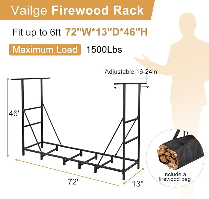 Vailge Firewood Rack Outdoor 6FT with Waterproof Firewood Carrier Bag, Adjustable Heavy Duty Steel Firewood Holder Storage, Log Rack for Fireplace, Fire Pit, Backyard, Camping