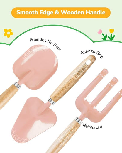 Grenebo Kids Gardening Set Toys, Quality Garden Tool Kit for Kids and Toddlers, Includes Two Shovels, Garden hat,Rake, Apron,Gloves, Watering Can, and Tool Bag (Pink)