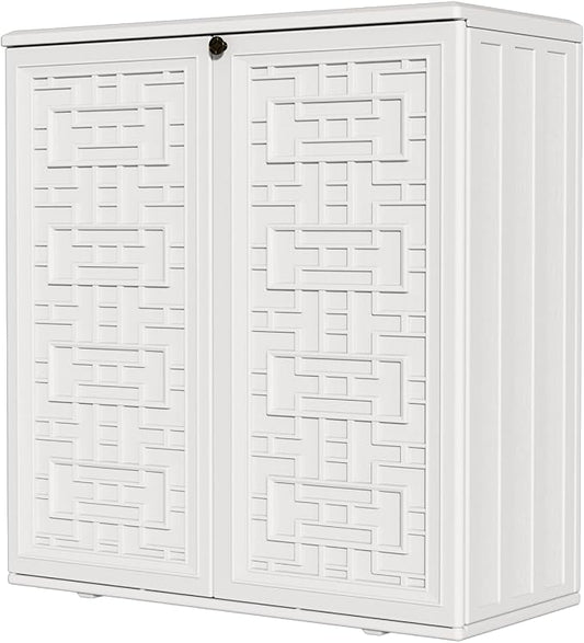HOMSPARK Indoor/Outdoor Storage Cabinet with Doors and Shelf, 34”x15”x36” HDPE Plastic Storage Box Waterproof for Patio, Garden, Balcony, Multi-Purpose for Daily Tools, White