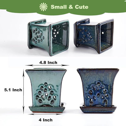 Ceramic Orchid Pots with Holes attached Saucers 4.8 Inches - Set of 2 Small Square Orchid Pots for Repotting, Decorative Ceramic Orchid Planter with Hole for Healthy Root Growth Blue and Green