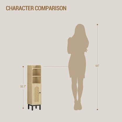 Hzuaneri Bathroom Storage Cabinet, Small Corner Floor Cabinet with Door and Shelves, Narrow Toilet Paper Holder, Bathroom Organizer with Adjustable Shelf, for Small Spaces, Rattan Yellow BC08202Y