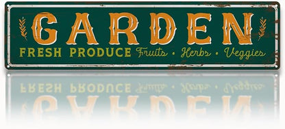 Garden Metal Tin Sign, Fresh Produce Fruits Herbs Veggies, Vintage Farmhouse Outdoor Wall Decor, for Garden Porch Patio Fence Yard, for Gardening Lovers, 15.7 x 3.9 Inches