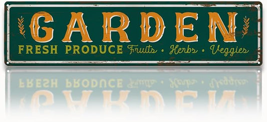 Garden Metal Tin Sign, Fresh Produce Fruits Herbs Veggies, Vintage Farmhouse Outdoor Wall Decor, for Garden Porch Patio Fence Yard, for Gardening Lovers, 15.7 x 3.9 Inches