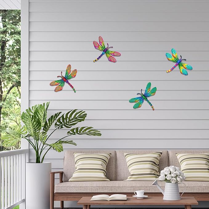 dreamskip 4 PCs Metal Dragonfly Wall Decor Art, Dragonflies Outdoor Wall Art with Colorful Leaves, Hand Painted Outdoor Decor For Garden Yard Fence Patio Outside Decoration