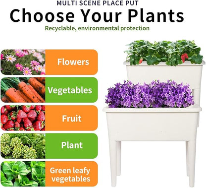 4 Pcs Self Watering Elevated Raised Garden Bed, Large Outdoor Plastic Planter Box Big Flower Plant Pot for Planting Flowers Vegetables and Herbs (4, White)