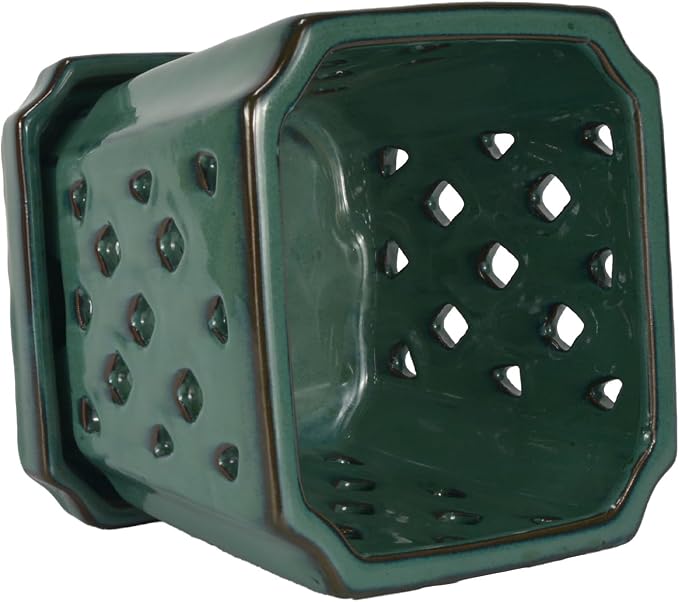 W&W Orchid Pot with Holes and Saucer for Repotting, Green, 7"