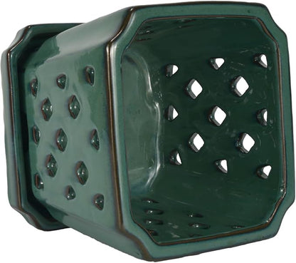 W&W Orchid Pot with Holes and Saucer for Repotting, Green, 7"