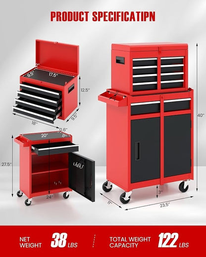 ARNOT 2-in-1 Rolling Tool Chest with 5 Drawers, Heavy-Duty Metal Tool Box with Wheels, Detachable Top Tool Box & Rolling Tool Cabinet for Garage, DIY, Mechanics, Red+Black