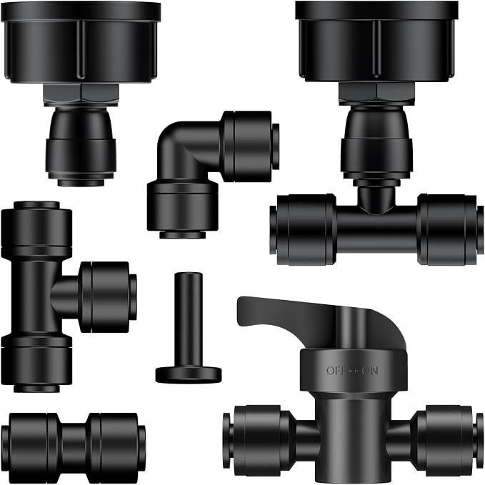 Pawfly 44 Pcs Quick Connect Drip Irrigation Fittings Kit for 1/4" Tubing, Push-to-Fit Drip Line Connectors Set with 10 Tees 10 Couplings 10 Elbows 10 End Plugs 2 Shut Off Valves & 2 Faucet Adapters