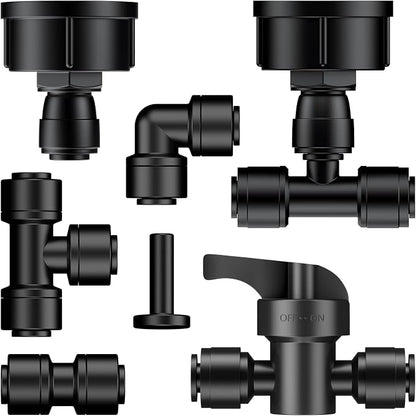 Pawfly 44 Pcs Quick Connect Drip Irrigation Fittings Kit for 1/4" Tubing, Push-to-Fit Drip Line Connectors Set with 10 Tees 10 Couplings 10 Elbows 10 End Plugs 2 Shut Off Valves & 2 Faucet Adapters