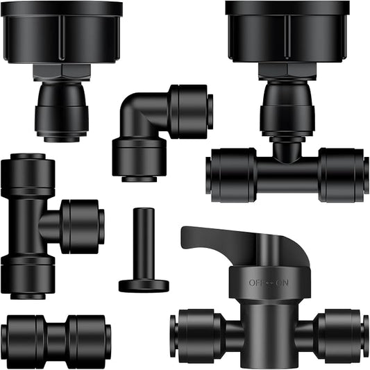 Pawfly 44 Pcs Quick Connect Drip Irrigation Fittings Kit for 1/4" Tubing, Push-to-Fit Drip Line Connectors Set with 10 Tees 10 Couplings 10 Elbows 10 End Plugs 2 Shut Off Valves & 2 Faucet Adapters