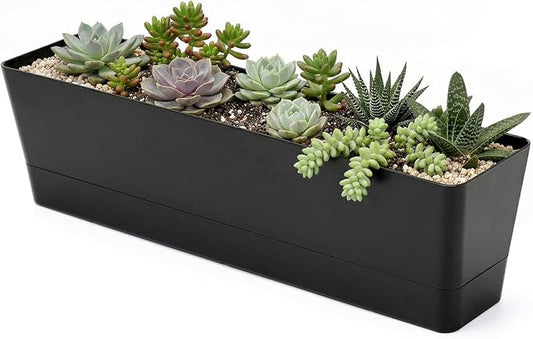 GREANER 16x3.8 Inch Herb Window Boxes 1PCS, Black Planter with Removable Trays and Drainage Holes, Succulent Flower Rectangular Plastic Pot for Balcony, Office, Windowsill, Garden, Indoor Outdoor Use