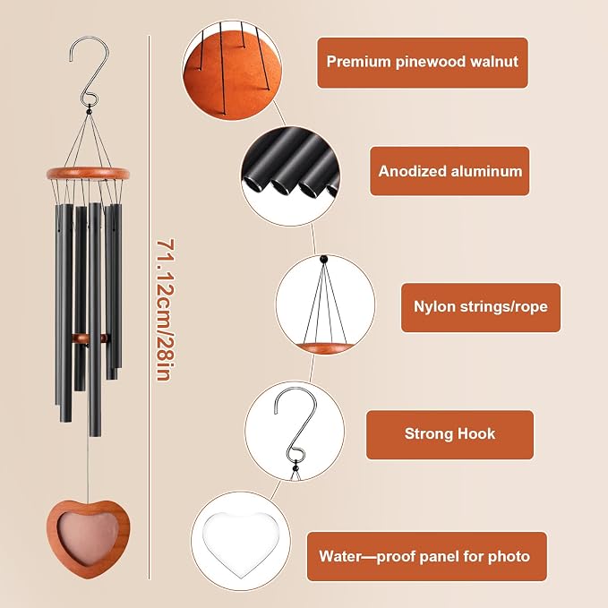 Wind Chimes for Outside,28'' Small Personalized Wind Chimes | Wind Chimes with Heart-shaped Photo Frame for Loss of Loved One, Memorial Gifts for Loss of Mom, Father Grandma Neighbors