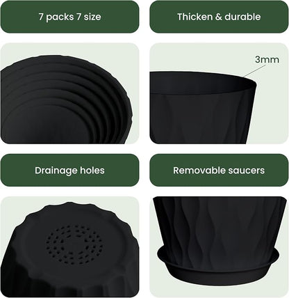 Plant Pots, Plastic Flower Pots for Indoor & Outdoor Plants, Planters with Drainage Holes and Saucer, Garden Pot for Plants (Black 7/6.5/6/5.5/5/4.5/4 inch)