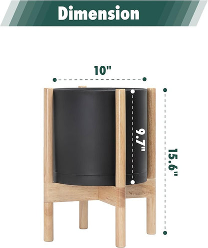 D'vine Dev Plastic Pot with Natural Wood Stand, Black, 10 in, 55-C-M-2 | Mid-Century Inspired Design, Elevated Plant Display, Clean Lines, Sturdy Support, Modern Space-Saving Style