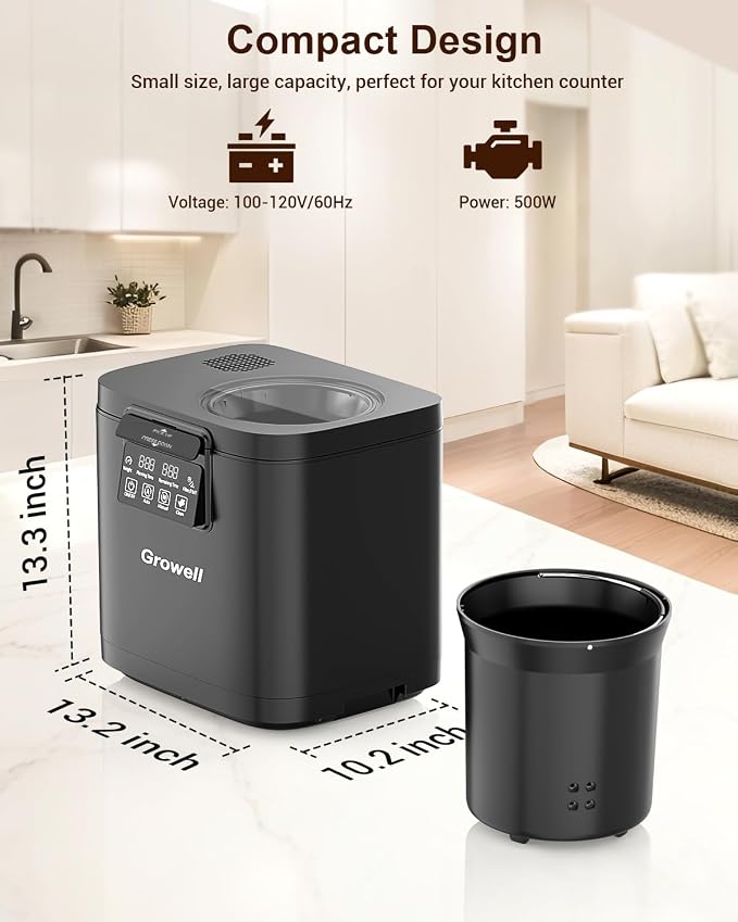 Electric Composter for Kitchen, 4L Indoor Odorless Compost Bin with 2 Carbon Filters, Upgraded Brushless Motor, Auto-Clean, LED Display, Visible Window, Smart Countertop Food Waste Composting Machine