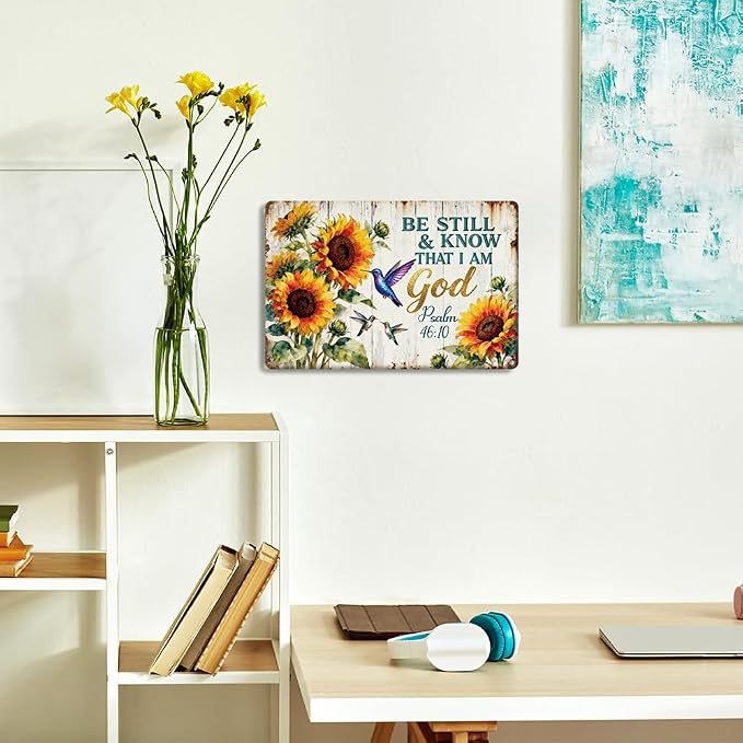 Vintage Sunflower Hummingbirds Biblical Metal Tin Sign Be Still & Know That I Am God Wall Art for Garden Wall Decor