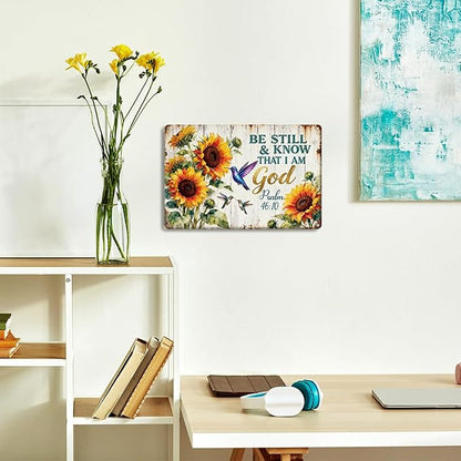 Vintage Sunflower Hummingbirds Biblical Metal Tin Sign Be Still & Know That I Am God Wall Art for Garden Wall Decor