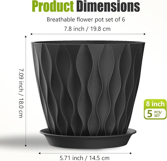 8 Inch Plastic Plant Pots,Set of 5 Flower Pots,Planters with Drainage Holes & Saucers, Indoor Outdoor Garden Pots for Home Decor (Black)