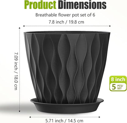 8 Inch Plastic Plant Pots,Set of 5 Flower Pots,Planters with Drainage Holes & Saucers, Indoor Outdoor Garden Pots for Home Decor (Black)