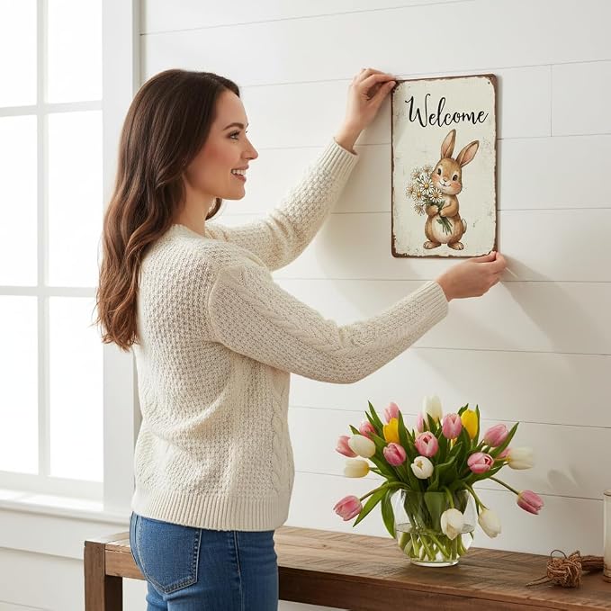 Funny Bunny Tulip Welcome Metal Sign Easter Spring Decor Rabbit Lovers Gift Rustic Farmhouse Wall Art For Home Porch Entryway 8x12Inch