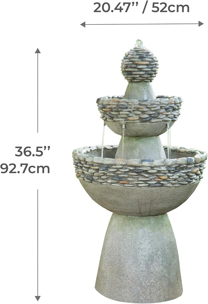 Teamson Home 36.5 in. Outdoor 3-Tier Zen-Style Pedestal Water Fountain in. with Stone Trim with Pump and 2.64 Gallon Capacity, Stone Gray | 3-Tier Garden Fountain, Stone Look, With Pump, Pedestal Waterfall Feature