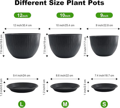 12/10/9 inch Plant Pots, 3 Pack Flower Pots for Outdoor Indoor Garden Plants, Large Planters with Multi Mesh Drainage Holes and Saucer (Black, 12"+10"+9")